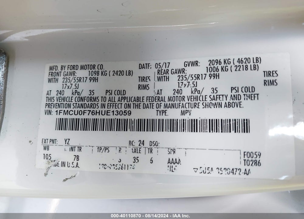 2017 FORD ESCAPE S VIN: 1FMCU0F76HUE13059