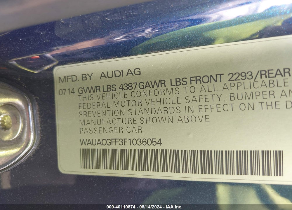 2015 AUDI A3 1.8T PREMIUM VIN: WAUACGFF3F1036054