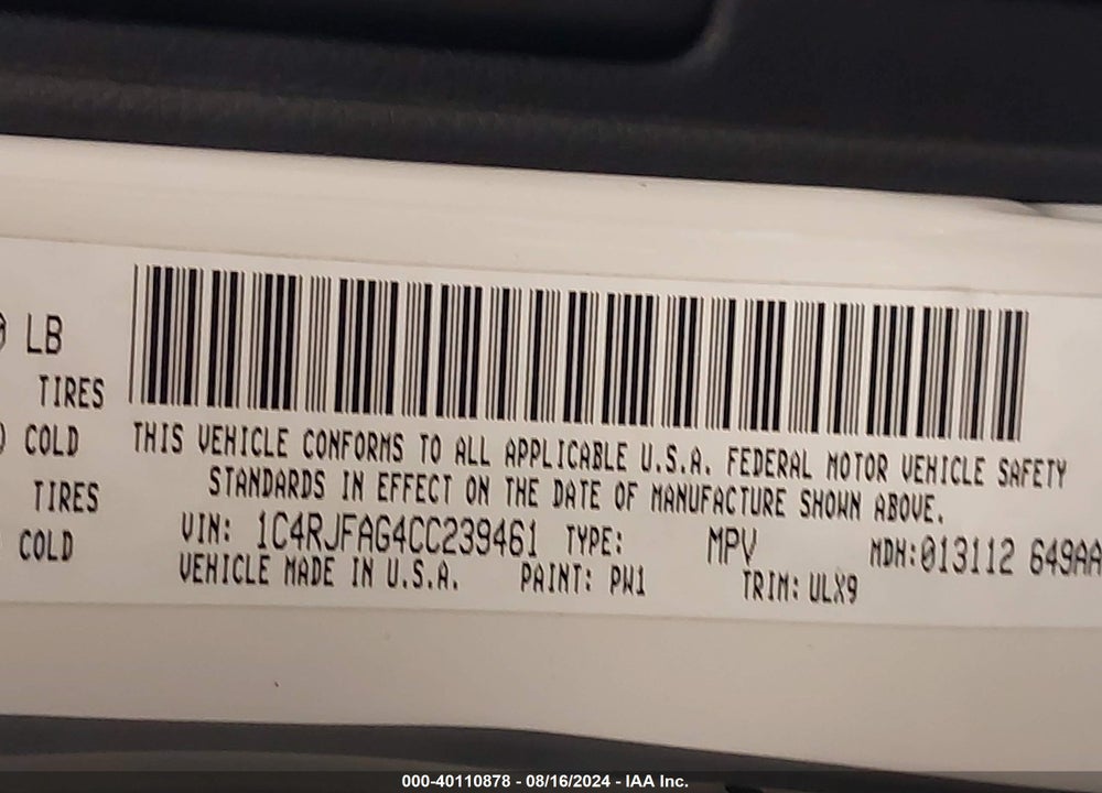 2012 JEEP GRAND CHEROKEE LAREDO VIN: 1C4RJFAG4CC239461