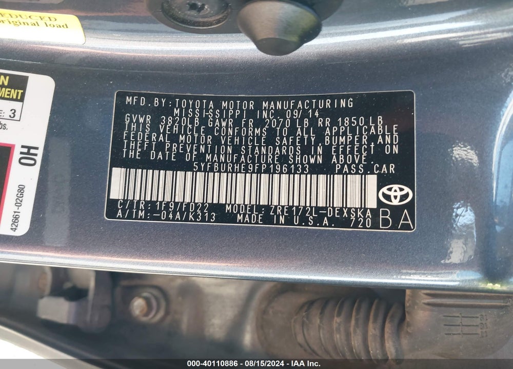 2015 TOYOTA COROLLA S PLUS VIN: 5YFBURHE9FP196133