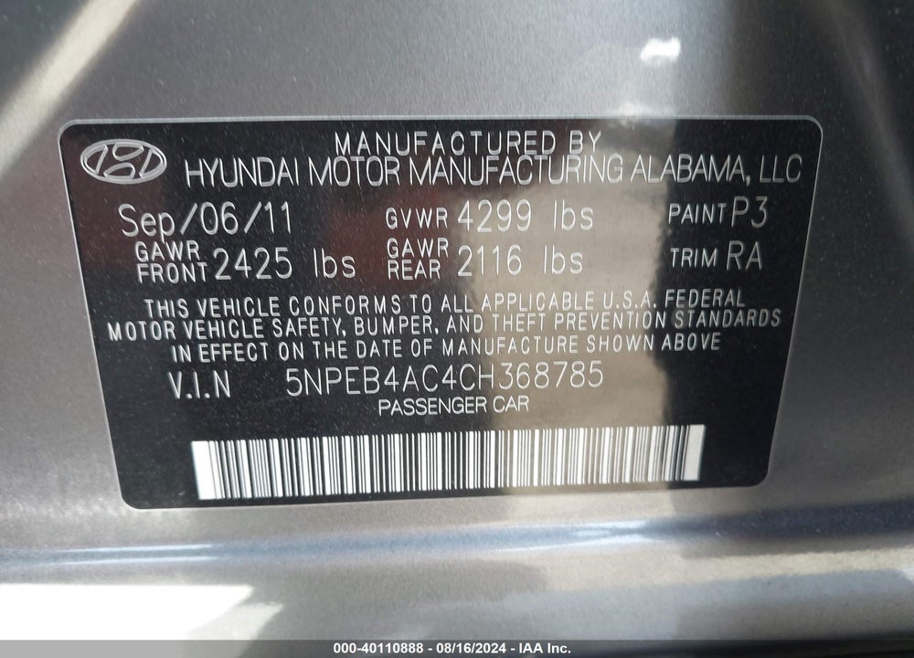 2012 HYUNDAI SONATA GLS VIN: 5NPEB4AC4CH368785