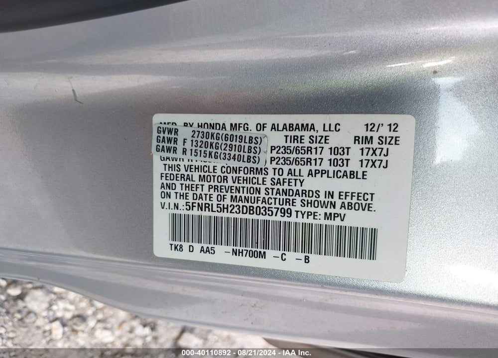 2013 HONDA ODYSSEY LX VIN: 5FNRL5H23DB035799