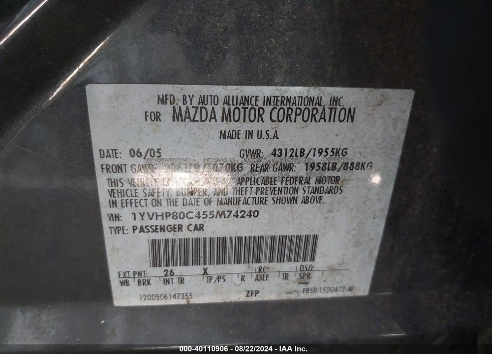 2005 MAZDA 6 I SPORT VIN: 1YVHP80C455M74240