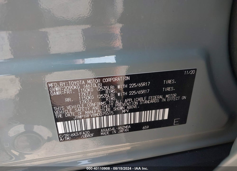 2021 TOYOTA RAV4 XLE VIN: JTMP1RFV8MD075515