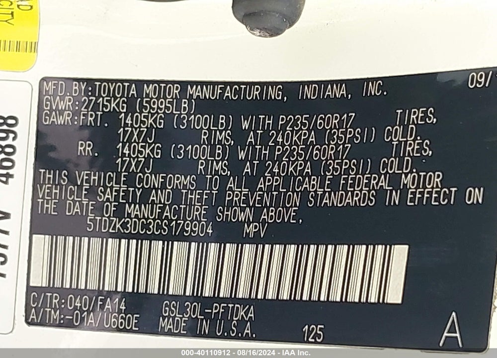 2012 TOYOTA SIENNA VIN: 5TDZK3DC3CS179904