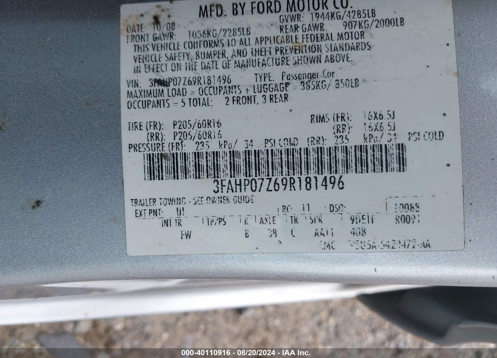 2009 FORD FUSION SE VIN: 3FAHP07Z69R181496