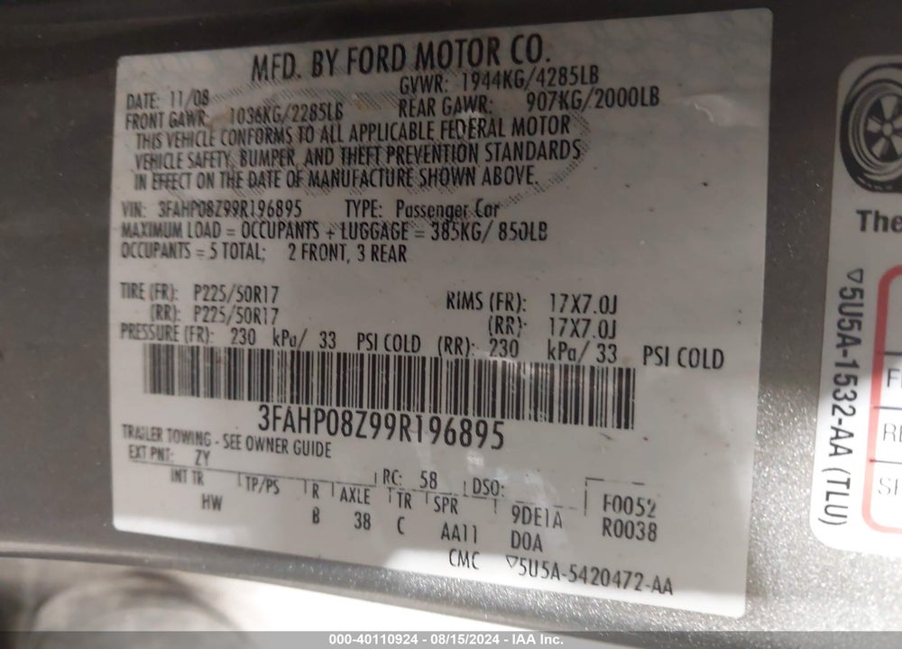 2009 FORD FUSION SEL VIN: 3FAHP08Z99R196895