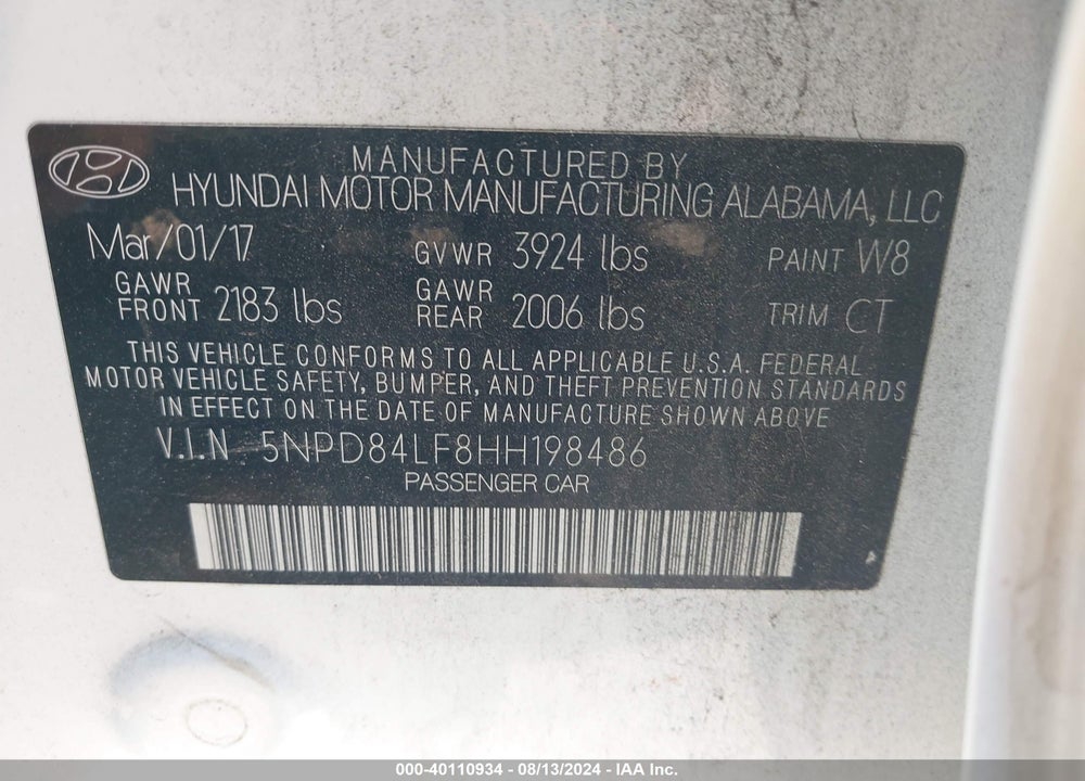 2017 HYUNDAI ELANTRA VALUE EDITION VIN: 5NPD84LF8HH198486