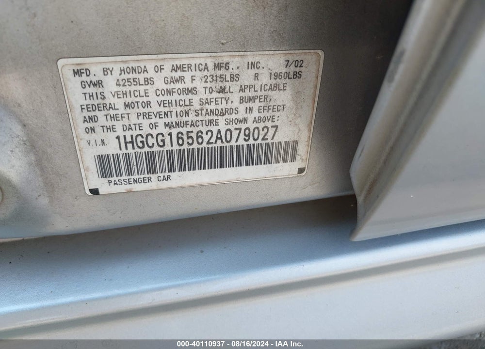 2002 HONDA ACCORD 3.0 EX VIN: 1HGCG16562A079027