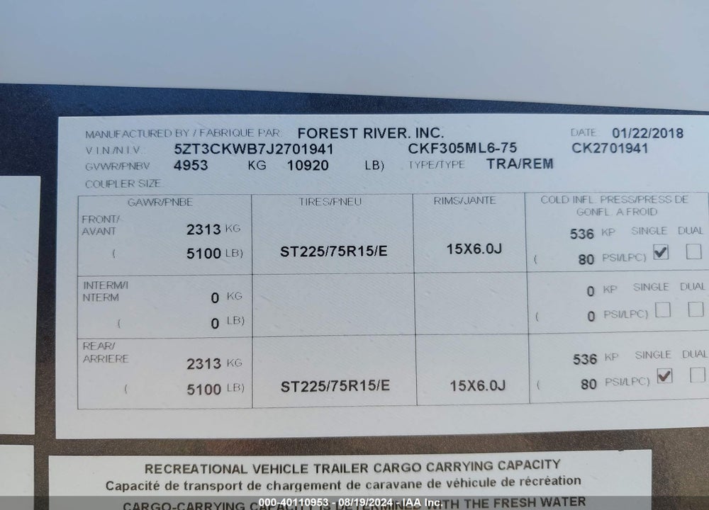2018 FOREST RIVER CHEROKEE 42' 5TH WHEEL VIN: 5ZT3CKWB7J2701941