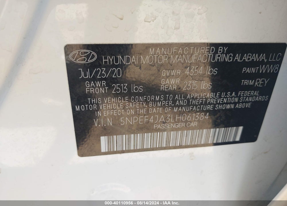 2020 HYUNDAI SONATA SEL VIN: 5NPEF4JA3LH061384