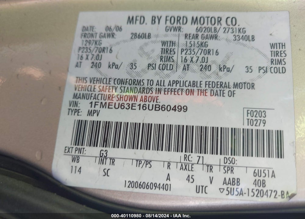 2006 FORD EXPLORER XLT VIN: 1FMEU63E16UB60499