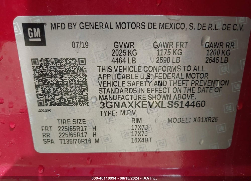 2020 CHEVROLET EQUINOX FWD LT 1.5L TURBO VIN: 3GNAXKEVXLS514460