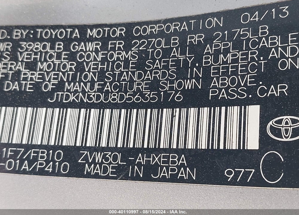 2013 TOYOTA PRIUS VIN: JTDKN3DU8D5635176