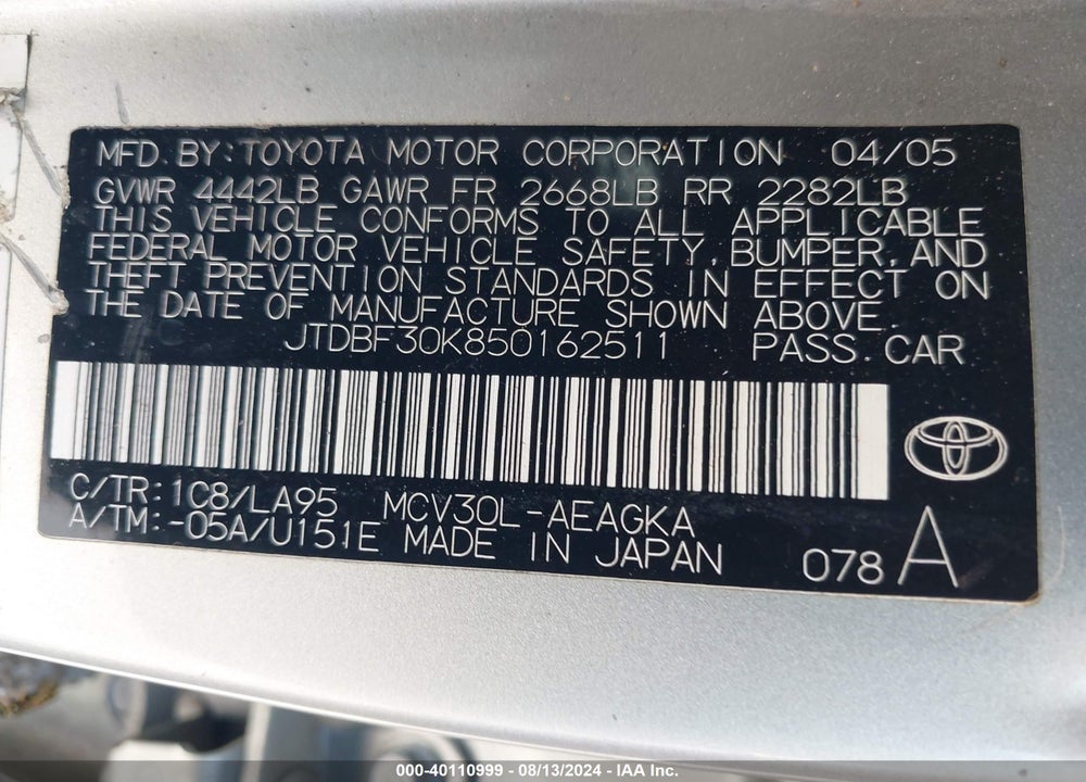 2005 TOYOTA CAMRY XLE V6 VIN: JTDBF30K850162511
