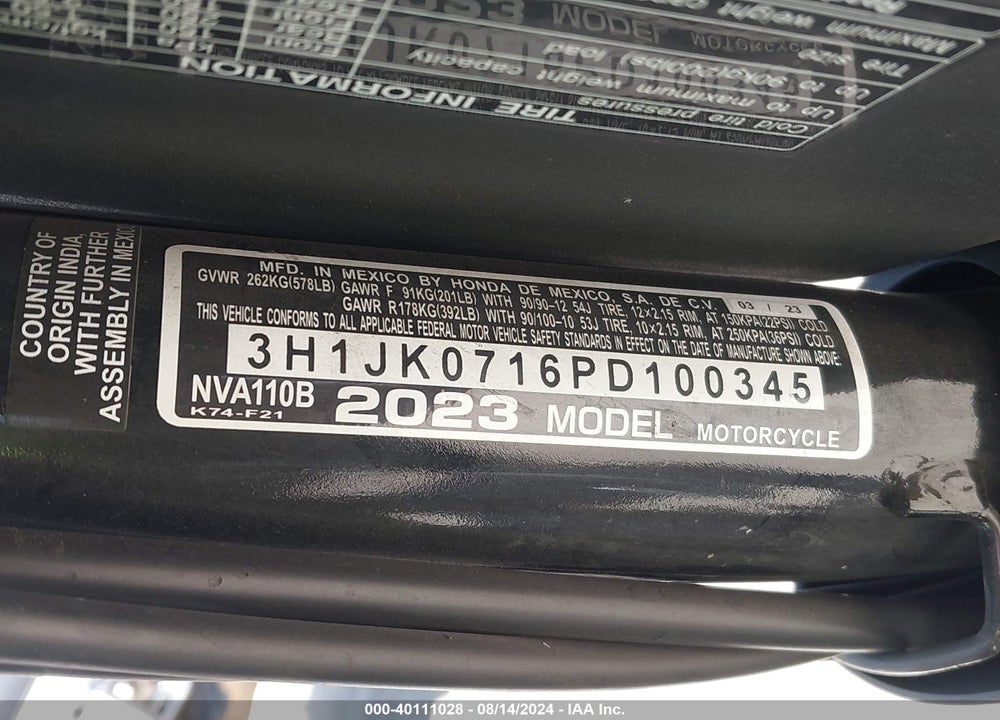 2023 HONDA NVA110 B VIN: 3H1JK0716PD100345