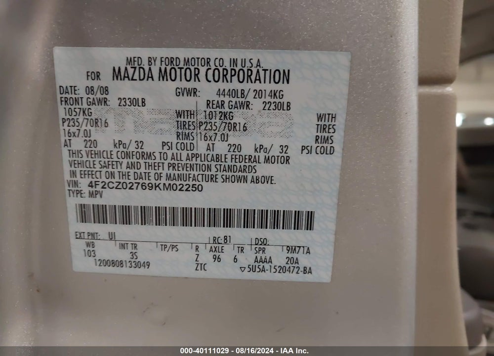 2009 MAZDA TRIBUTE I SPORT VIN: 4F2CZ02769KM02250