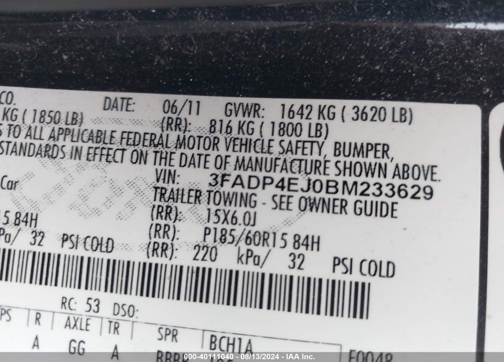 2011 FORD FIESTA SE VIN: 3FADP4EJ0BM233629