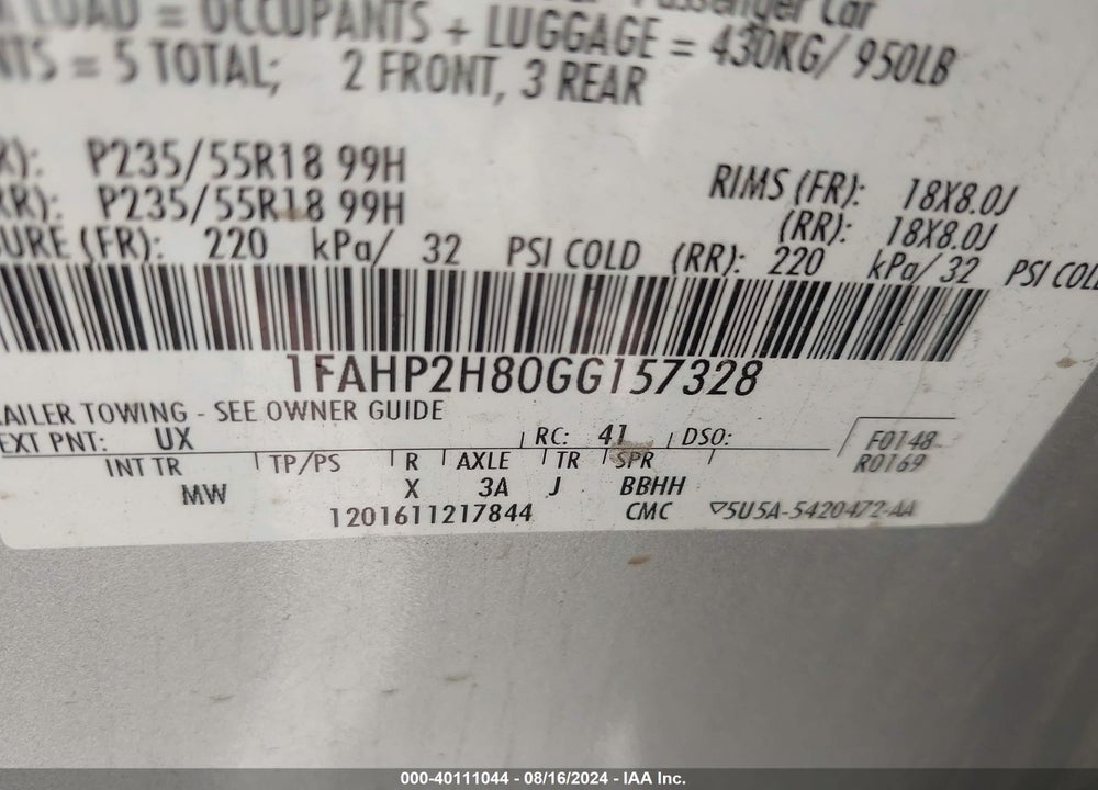 2016 FORD TAURUS SEL VIN: 1FAHP2H80GG157328