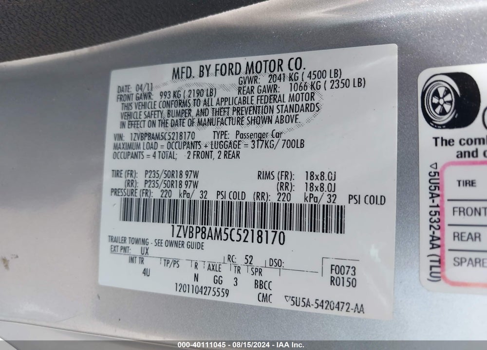 2012 FORD MUSTANG V6 PREMIUM VIN: 1ZVBP8AM5C5218170