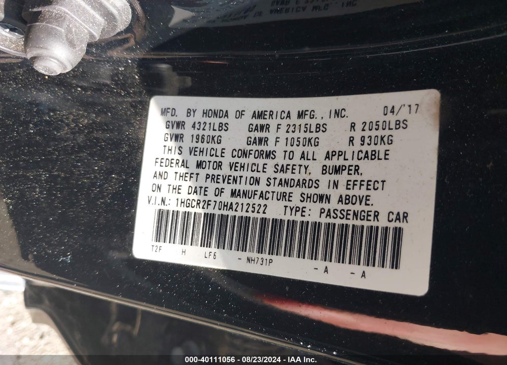 2017 HONDA ACCORD EX VIN: 1HGCR2F70HA212522