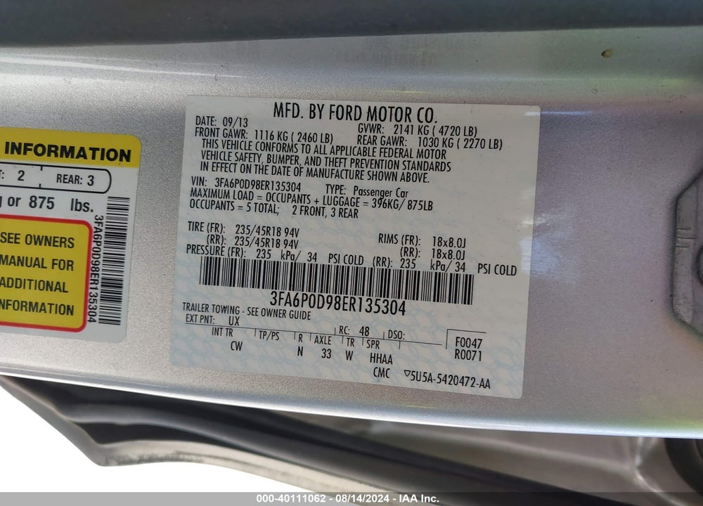2014 FORD FUSION TITANIUM VIN: 3FA6P0D98ER135304