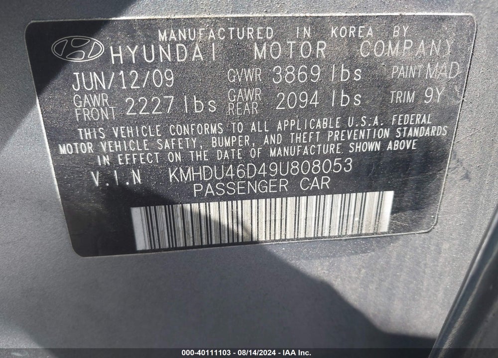 2009 HYUNDAI ELANTRA GLS VIN: KMHDU46D49U808053