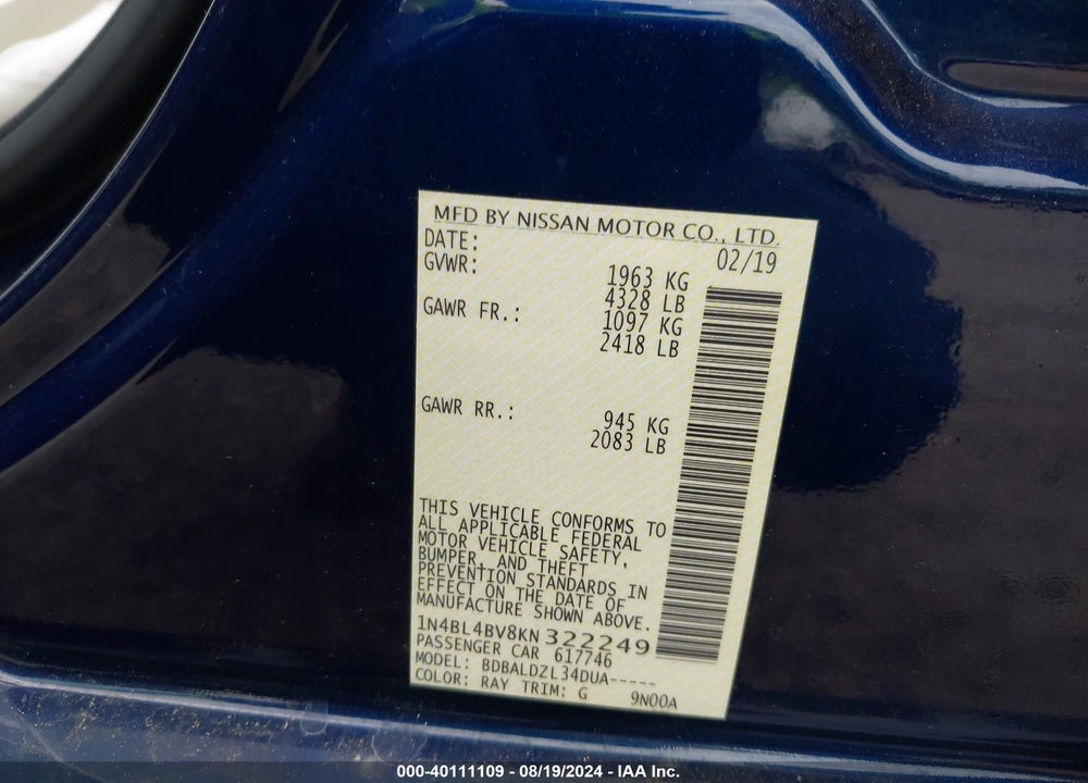 2019 NISSAN ALTIMA 2.5 S VIN: 1N4BL4BV8KN322249