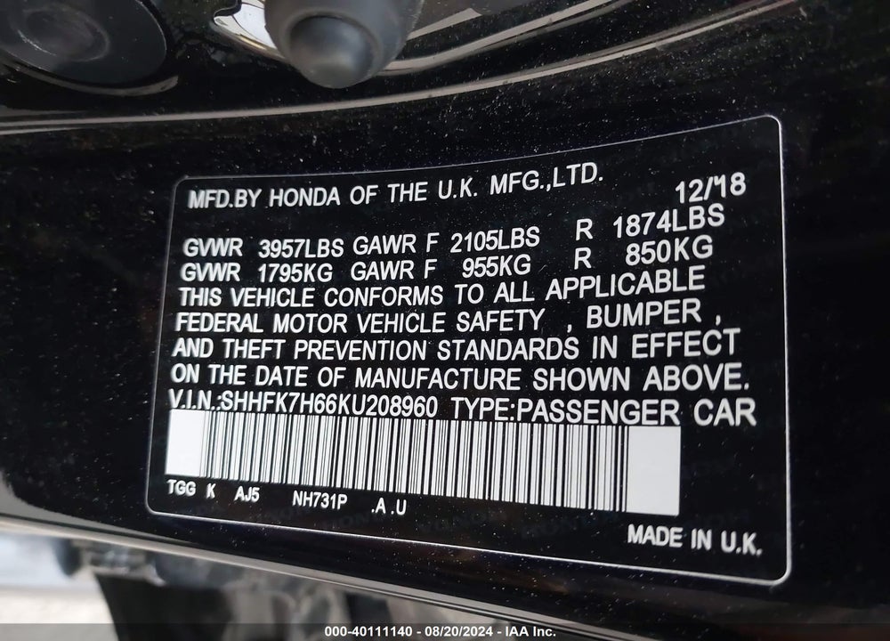 2019 HONDA CIVIC EX VIN: SHHFK7H66KU208960