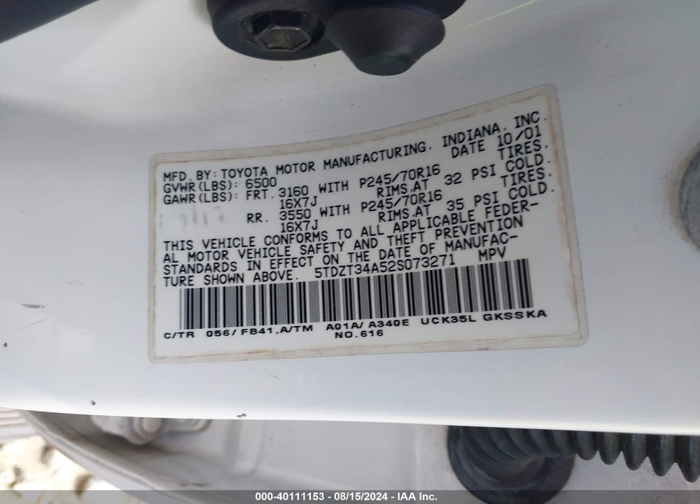 2002 TOYOTA SEQUOIA SR5 V8 VIN: 5TDZT34A52S073271