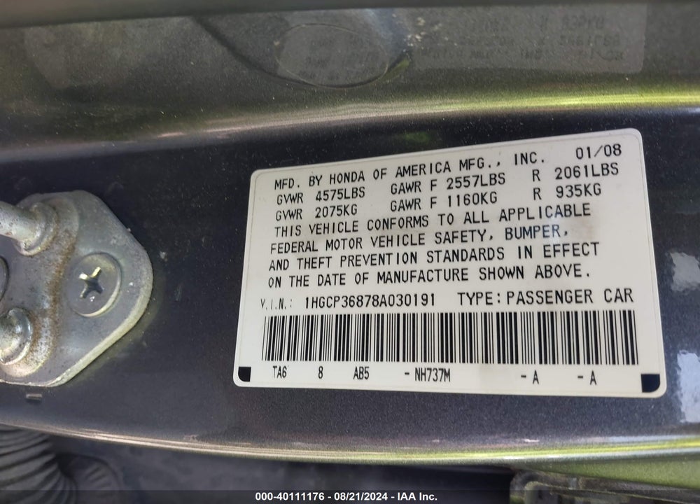 2008 HONDA ACCORD VIN: 1HGCP36878A030191
