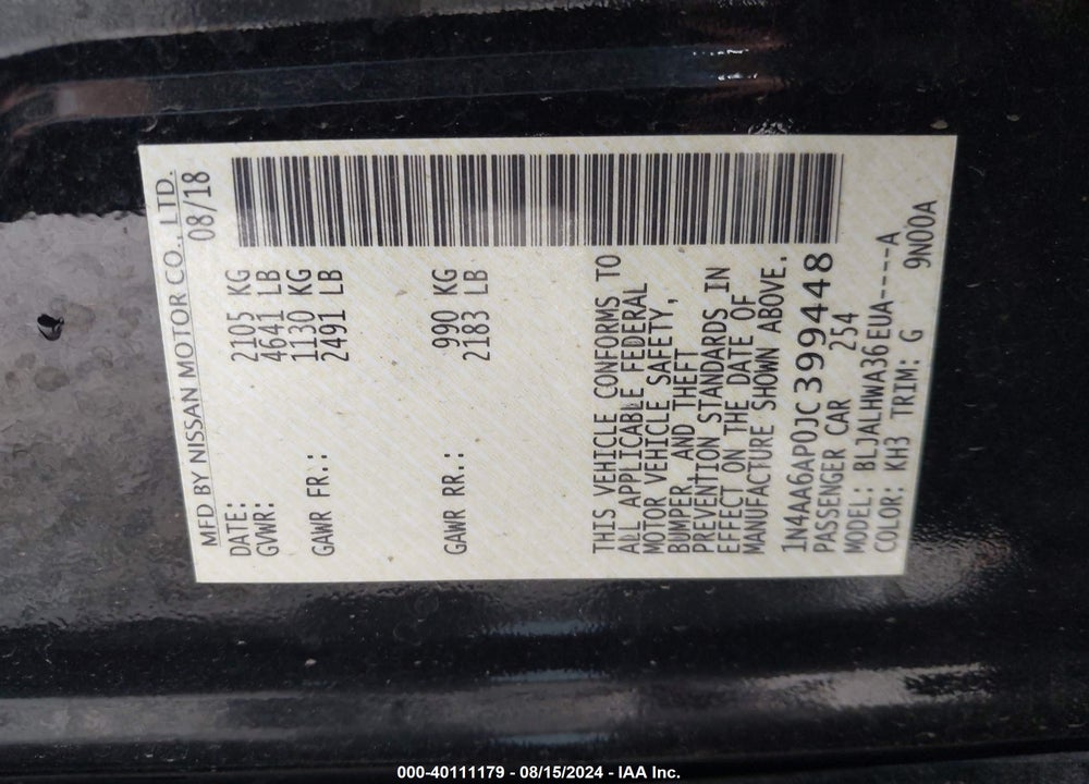 2018 NISSAN MAXIMA 3.5 PLATINUM VIN: 1N4AA6AP0JC399448