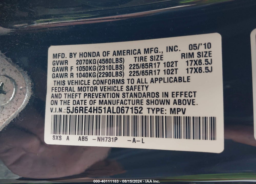 2010 HONDA CR-V EX VIN: 5J6RE4H51AL067152