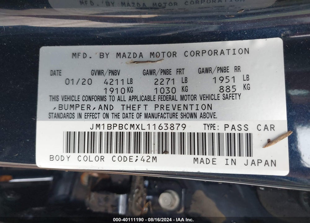 2020 MAZDA 3 SELECT PACKAGE VIN: JM1BPBCMXL1163879