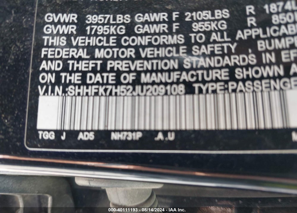 2018 HONDA CIVIC EX VIN: SHHFK7H52JU209108