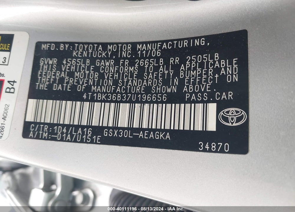 2007 TOYOTA AVALON XLS VIN: 4T1BK36B37U196656
