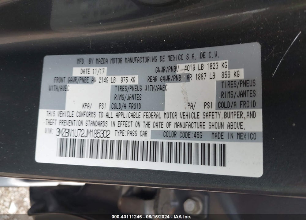 2018 MAZDA 3 SPORT VIN: 3MZBN1U72JM185302