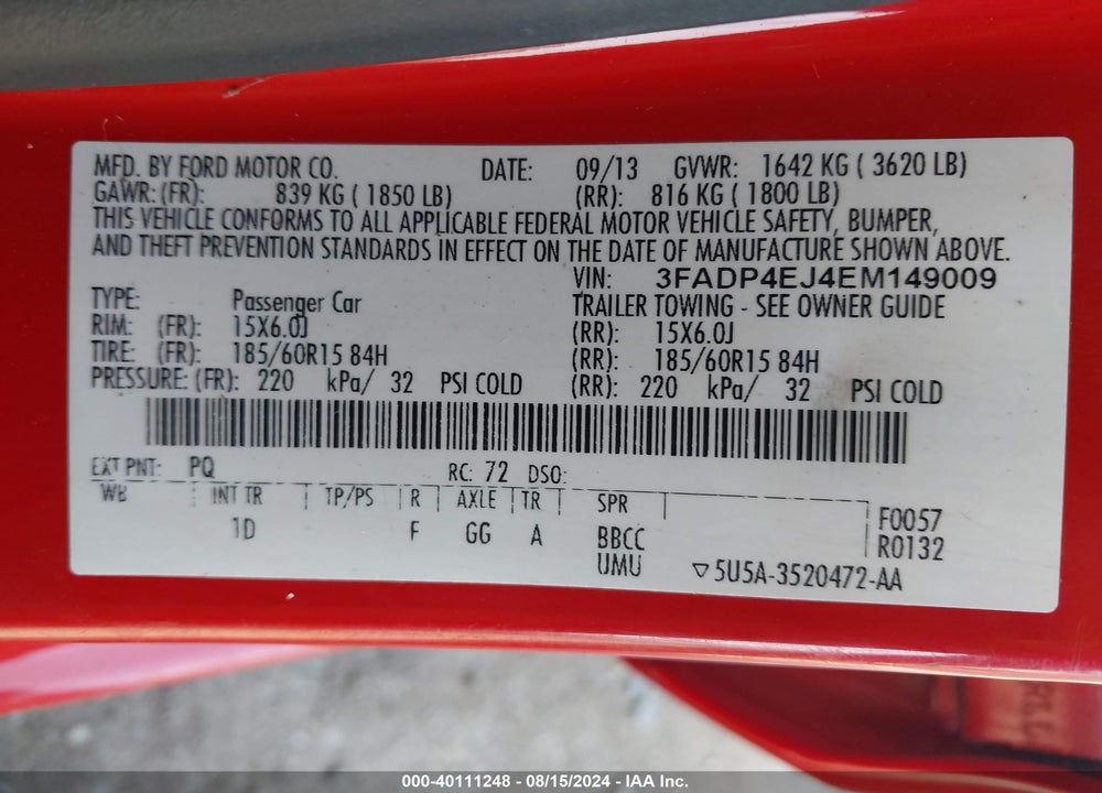 2014 FORD FIESTA SE VIN: 3FADP4EJ4EM149009