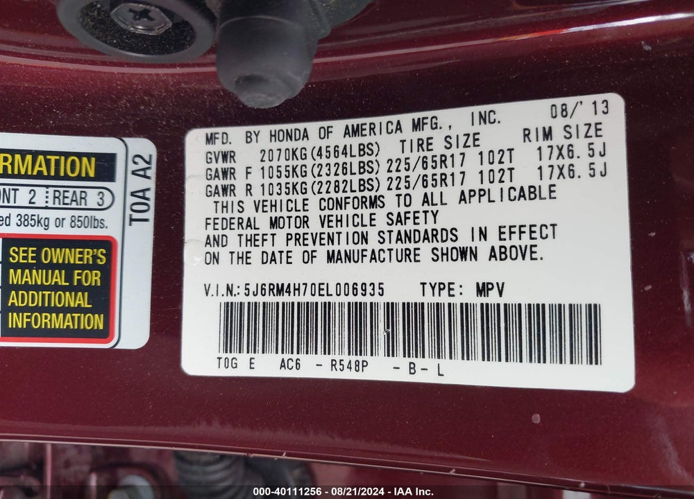 2014 HONDA CR-V EX-L VIN: 5J6RM4H70EL006935
