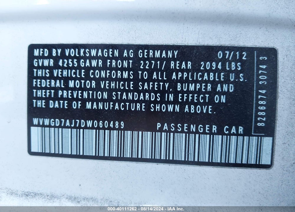 2013 VOLKSWAGEN GTI 4-DOOR VIN: WVWGD7AJ7DW060489