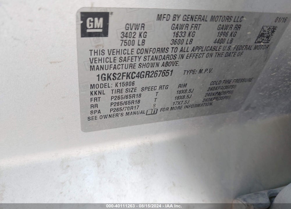 2016 GMC YUKON XL SLE VIN: 1GKS2FKC4GR267651