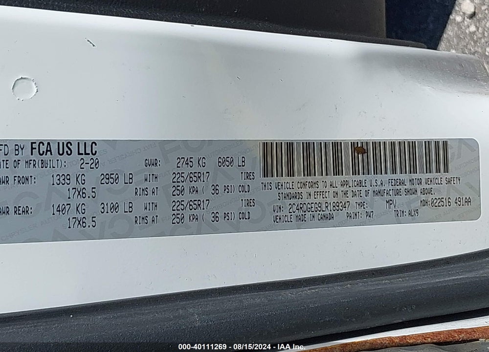 2020 DODGE GRAND CARAVAN GT VIN: 2C4RDGEG9LR189347