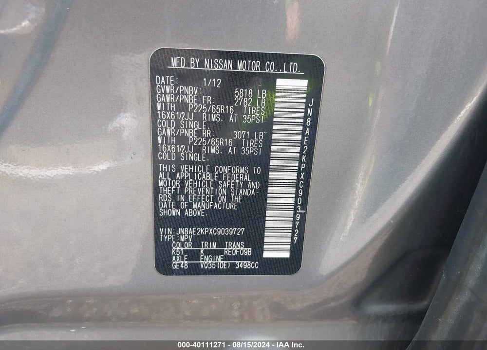 2012 NISSAN QUEST S VIN: JN8AE2KPXC9039727