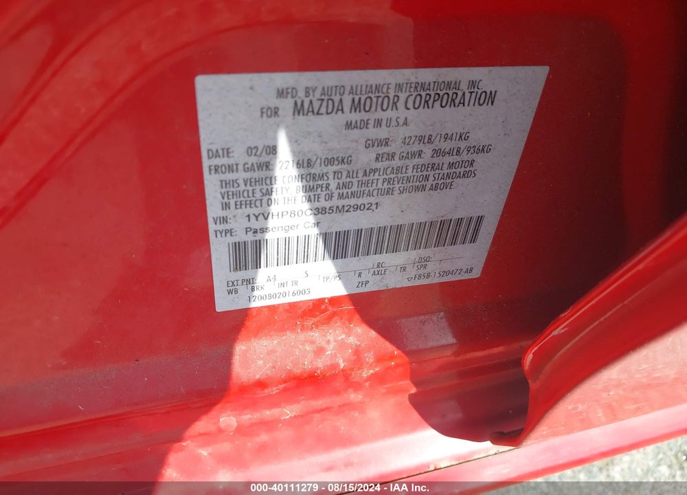 2008 MAZDA 6 I SPORT VE VIN: 1YVHP80C385M29021