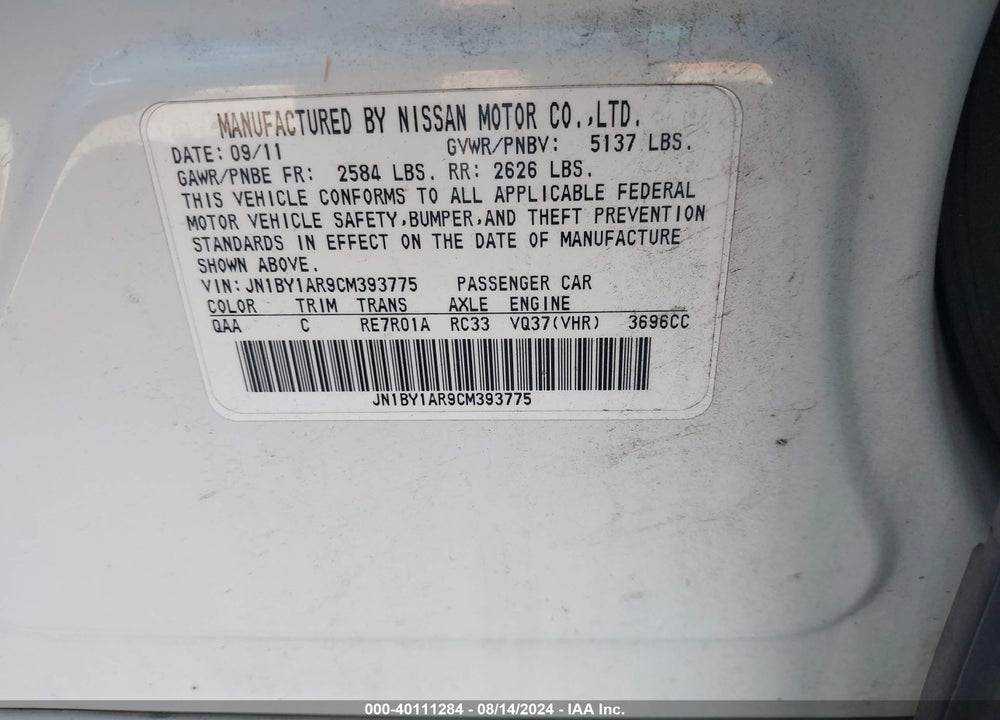 2012 INFINITI M37X VIN: JN1BY1AR9CM393775