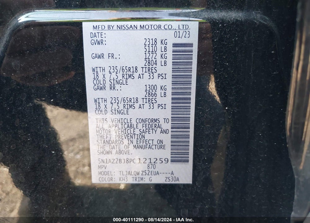 2023 NISSAN MURANO SV FWD VIN: 5N1AZ2BJ8PC121259