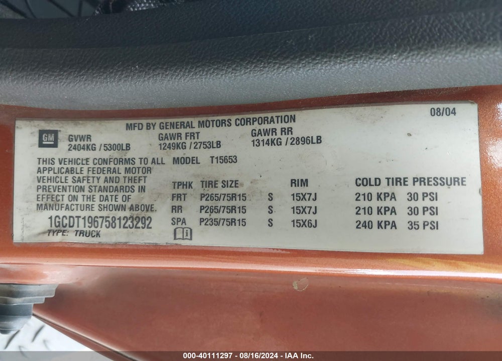 2005 CHEVROLET COLORADO LS VIN: 1GCDT196758123292