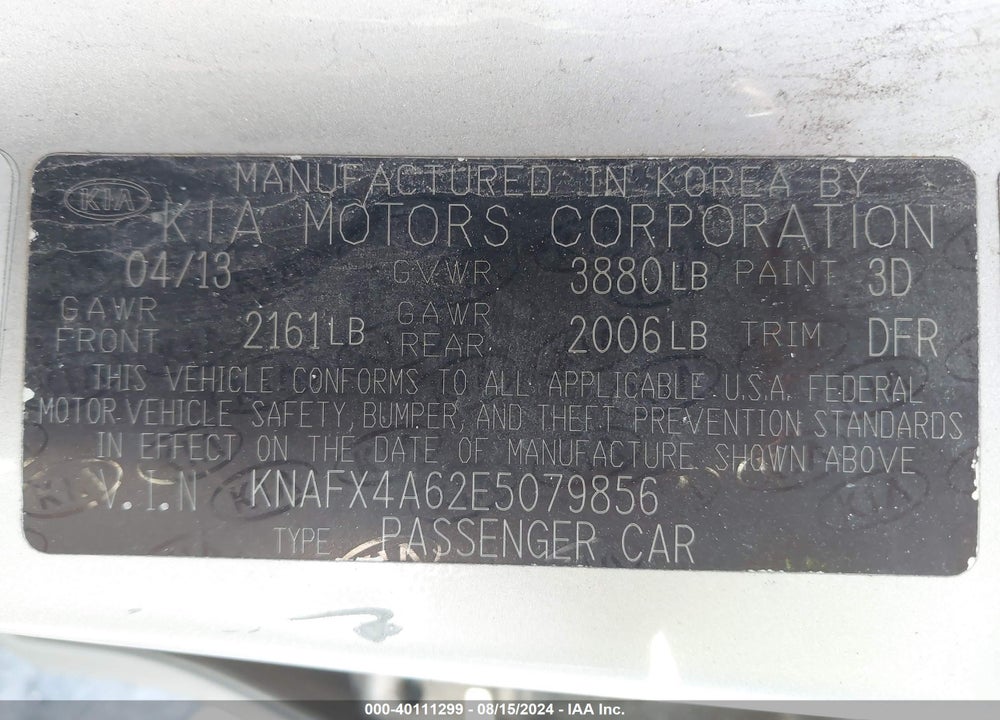 2014 KIA FORTE LX VIN: KNAFX4A62E5079856