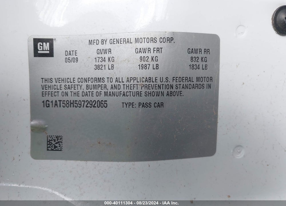2009 CHEVROLET COBALT LT VIN: 1G1AT58H597292065