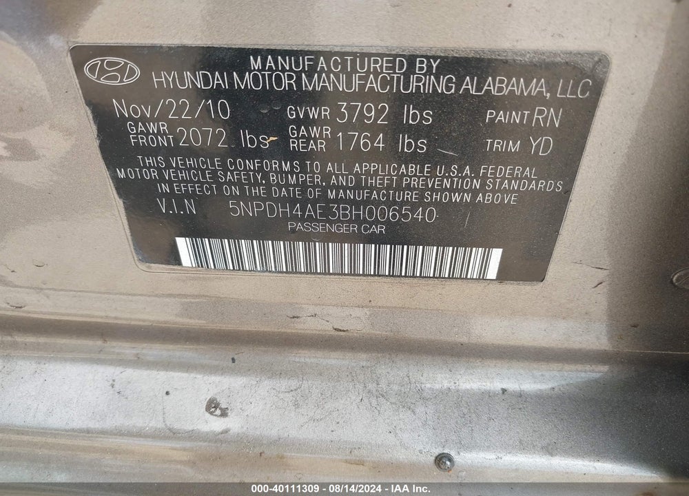 2011 HYUNDAI ELANTRA GLS VIN: 5NPDH4AE3BH006540